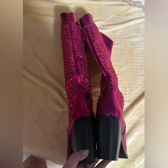 Fuchsia Studded Heeled Boots - Picture 7 of 9